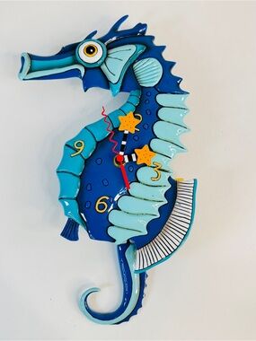 Enesco Allen Designs Salty Seahorse Clock w/ Pendulum Blue Nautical Pop Analog